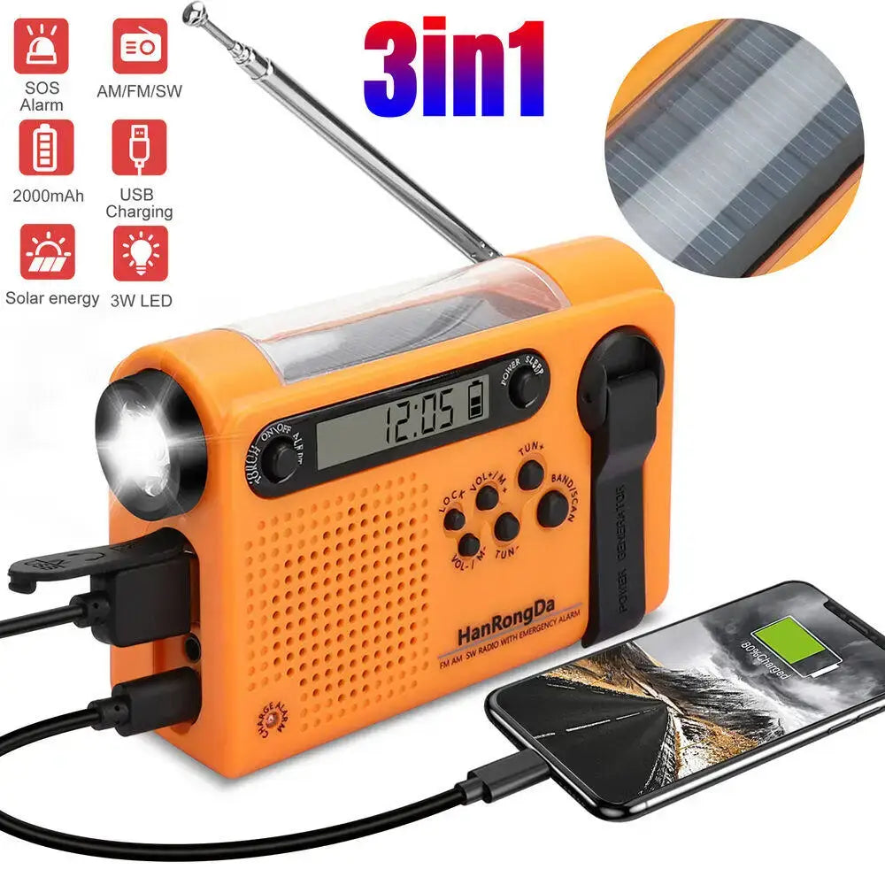 Portable Solar Hand Crank Radio with Power Bank & Flashlight - SS