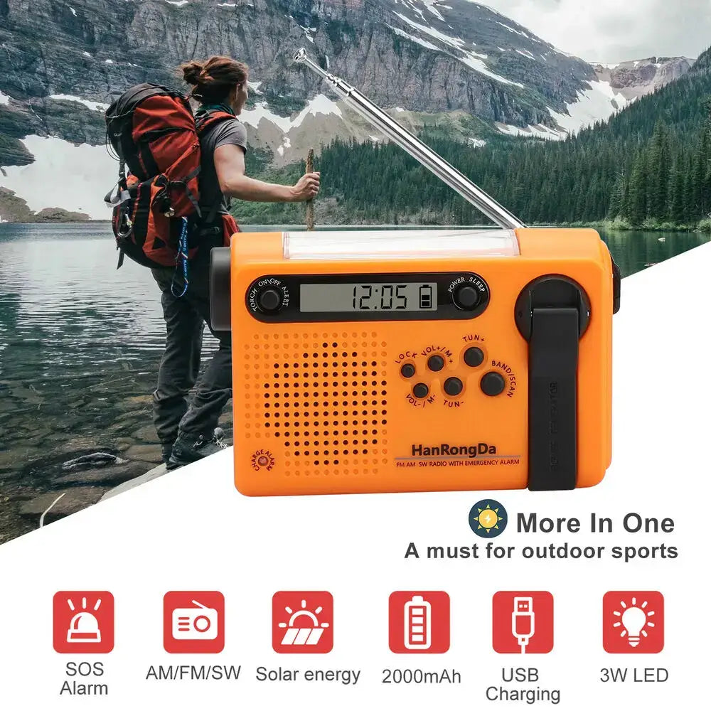 Portable Solar Hand Crank Radio with Power Bank & Flashlight - SS