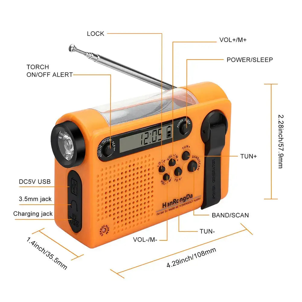 Portable Solar Hand Crank Radio with Power Bank & Flashlight - SS