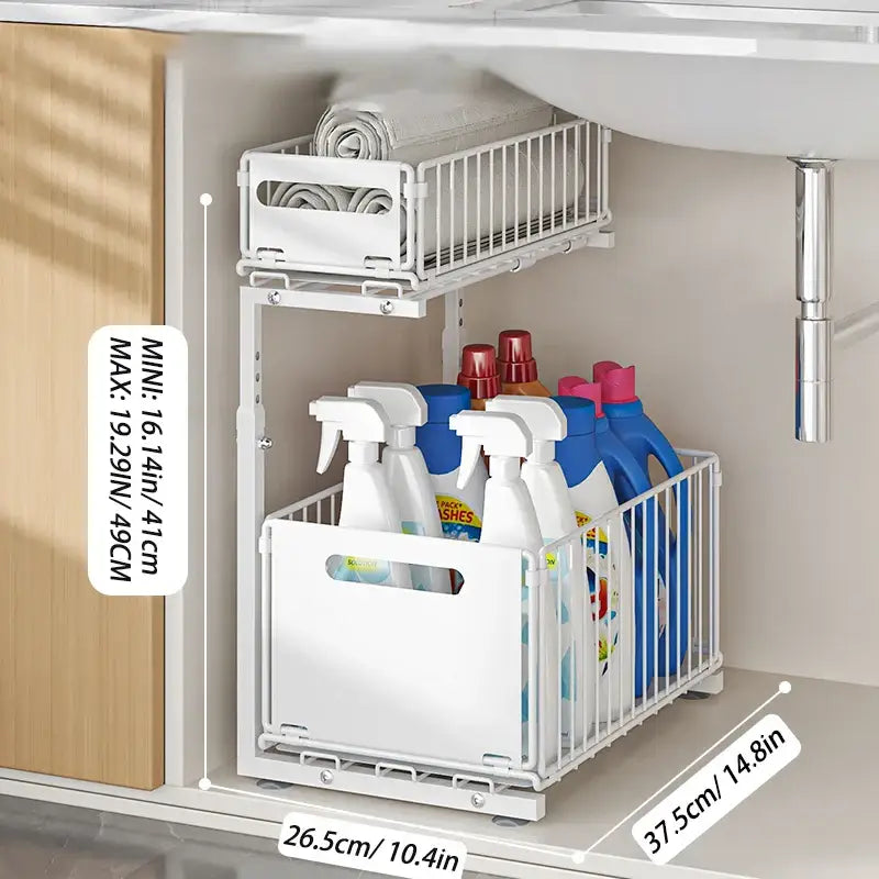 Pull-Out Under Sink Organizer – 2-Tier Adjustable Sliding Shelf (Black & White) - White - SS