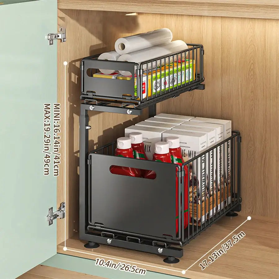 Pull-Out Under Sink Organizer – 2-Tier Adjustable Sliding Shelf (Black & White) - Black - SS