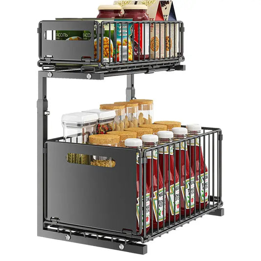 Pull-Out Under Sink Organizer – 2-Tier Adjustable Sliding Shelf (Black & White) - SS