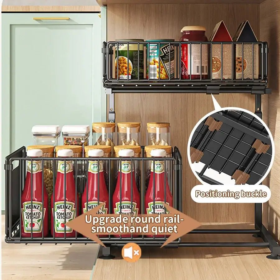 Pull-Out Under Sink Organizer – 2-Tier Adjustable Sliding Shelf (Black & White) - SS