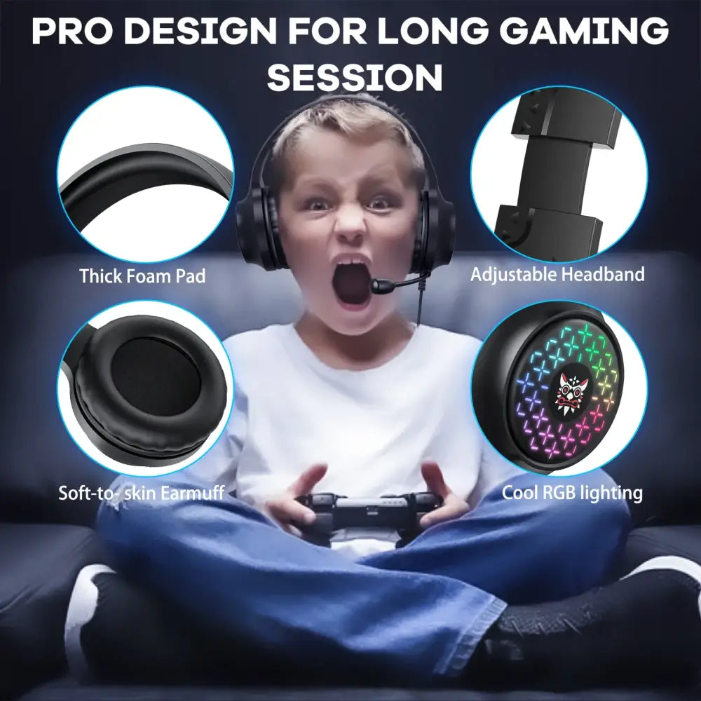 RGB Wired Gaming Headset – Over-Ear Noise-Cancelling Mic - Black / Gaming Headset - 9eight5