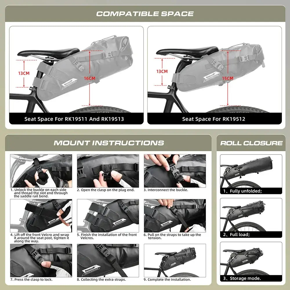Rhinowalk Bike Saddle Bag Waterproof 5L-13L Large Capacity Foldable Tail Rear Bag Reflective Cycling MTB Trunk Pannier