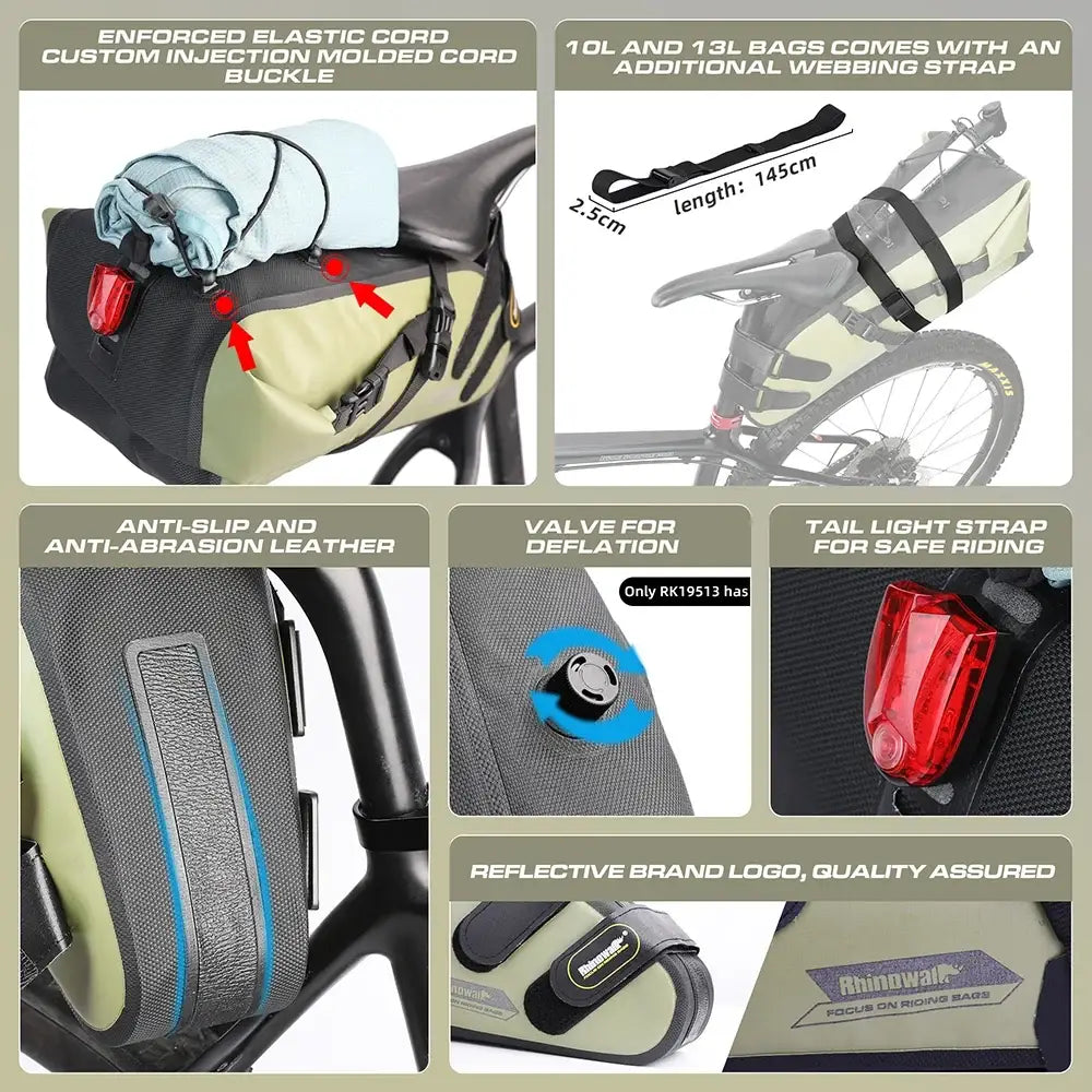 Rhinowalk Bike Saddle Bag Waterproof 5L-13L Large Capacity Foldable Tail Rear Bag Reflective Cycling MTB Trunk Pannier