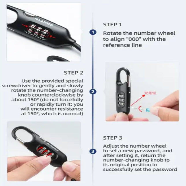 ROCKBROS Bicycle Lock Portable Anti-theft Bike Mini 3 Digit Password Lock Durable Steel Cable Safety Helmet Bike Frame