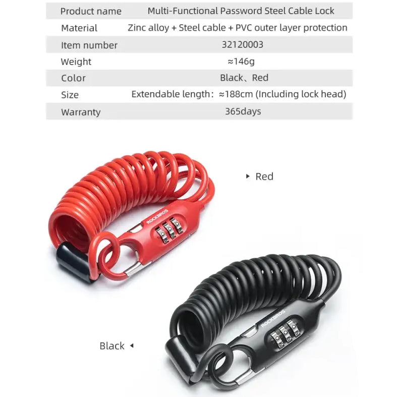 ROCKBROS Bicycle Lock Portable Anti-theft Bike Mini 3 Digit Password Lock Durable Steel Cable Safety Helmet Bike Frame