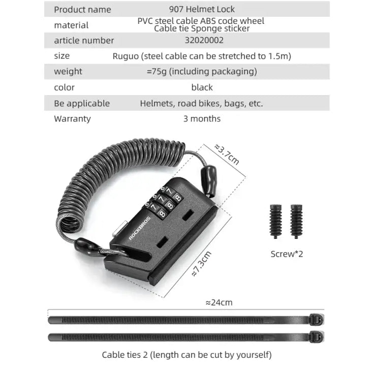 ROCKBROS Bicycle Mini Lock Portable 3-Digit Password Cable Lock Cycling Helmet Lock Safety Steel Wire Lock MTB Bike