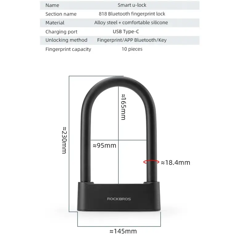 ROCKBROS Bicycle Smart Lock Bluetooth Fingerprint Unlock Waterproof High Strength Steel Alloy Anti-theft U-Lock Bike
