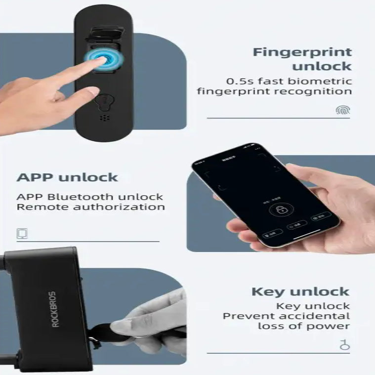 ROCKBROS Bicycle Smart Lock Bluetooth Fingerprint Unlock Waterproof High Strength Steel Alloy Anti-theft U-Lock Bike