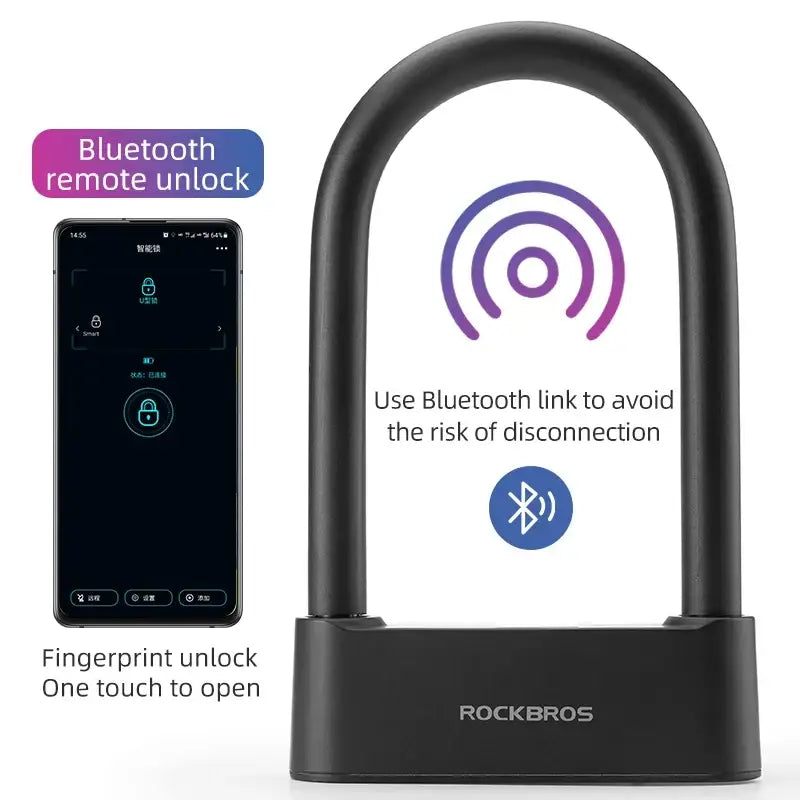 ROCKBROS Bicycle Smart Lock Bluetooth Fingerprint Unlock Waterproof High Strength Steel Alloy Anti-theft U-Lock Bike