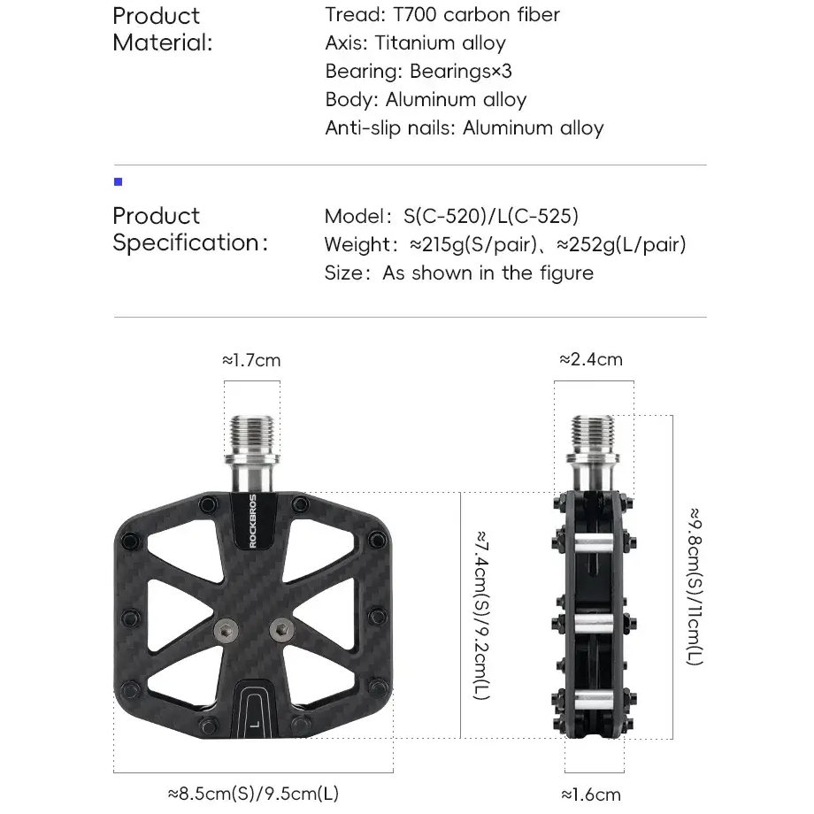 ROCKBROS Bike Pedal 3-Bearing Ultra-Light Carbon Fiber Pedals Anti-slip Waterproof Road Mountain Bicycle Pedal Cycling