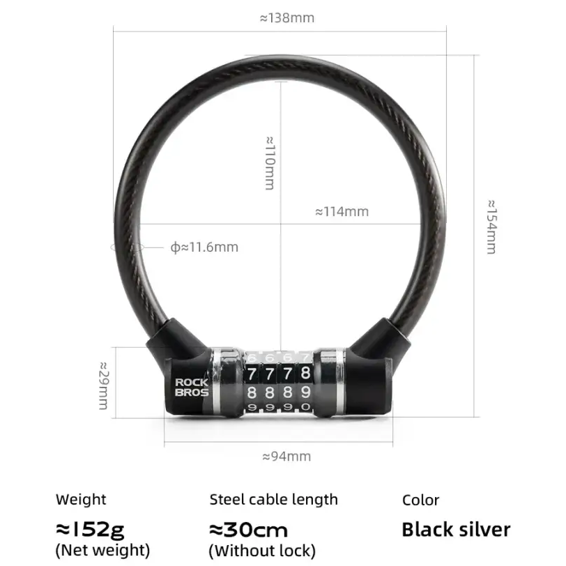 ROCKBROS Portable Bicycle Lock Ultra-Light Steel Cable Bike Lock 4-Digit Password PVC Waterproof Steel Password Lock