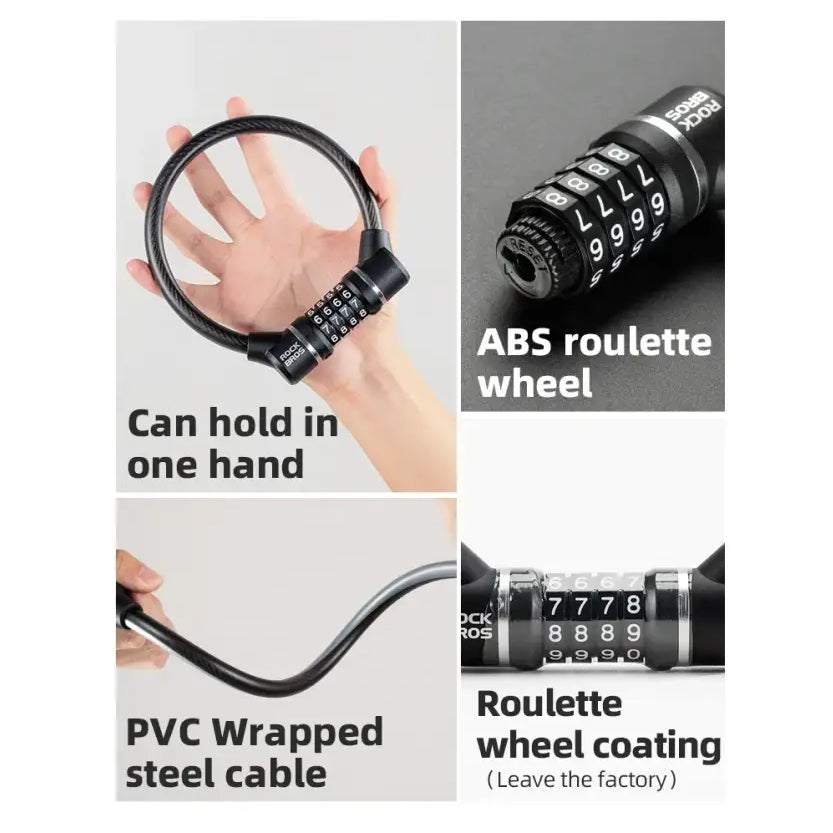 ROCKBROS Portable Bicycle Lock Ultra-Light Steel Cable Bike Lock 4-Digit Password PVC Waterproof Steel Password Lock