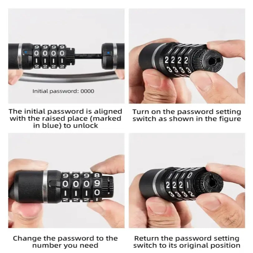 ROCKBROS Portable Bicycle Lock Ultra-Light Steel Cable Bike Lock 4-Digit Password PVC Waterproof Steel Password Lock