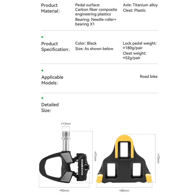 ROCKBROS Road Bike Carbon Lock Pedals Lightweight SPD Self-Locking Titanium Alloy Axle Pedal with Locking Plate