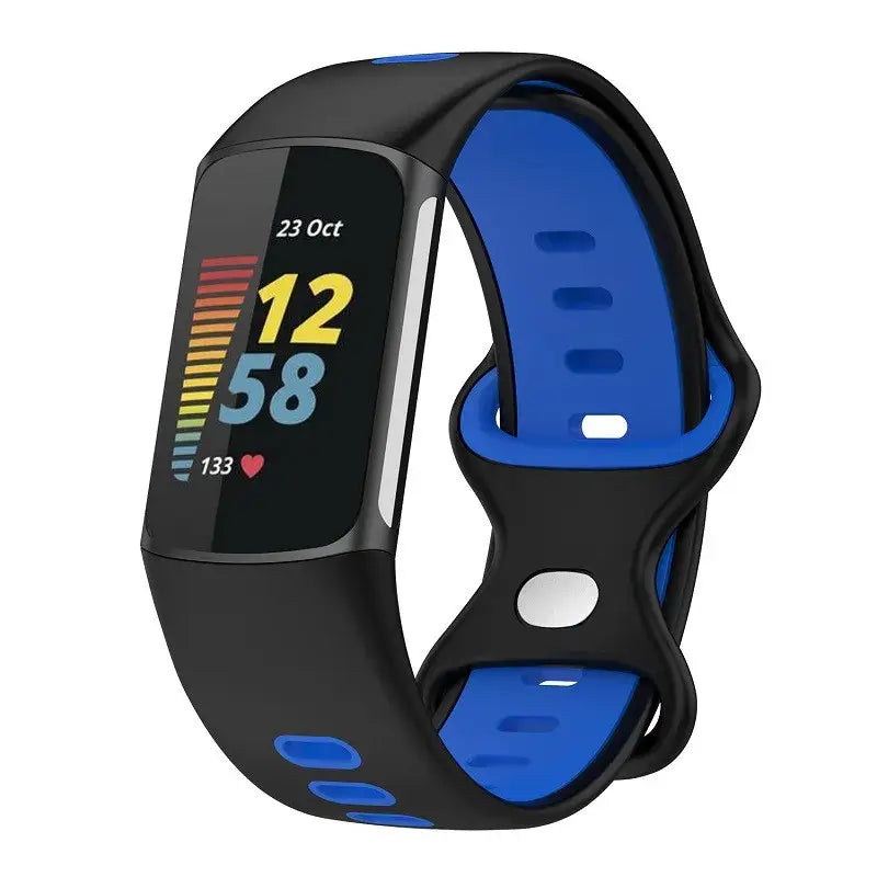 Rubber Sport Strap for the Fitbit Charge 5/6 Series (available in 21 colours) - Black Blue / Fitbit Charge 5 - TWS