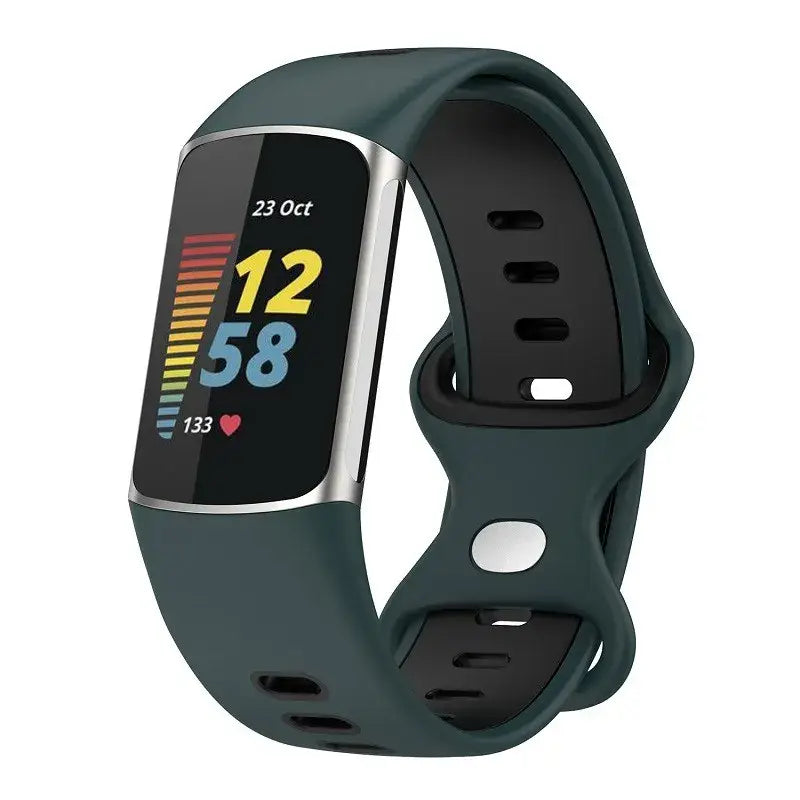 Rubber Sport Strap for the Fitbit Charge 5/6 Series (available in 21 colours) - Green Black / Fitbit Charge 5 - TWS
