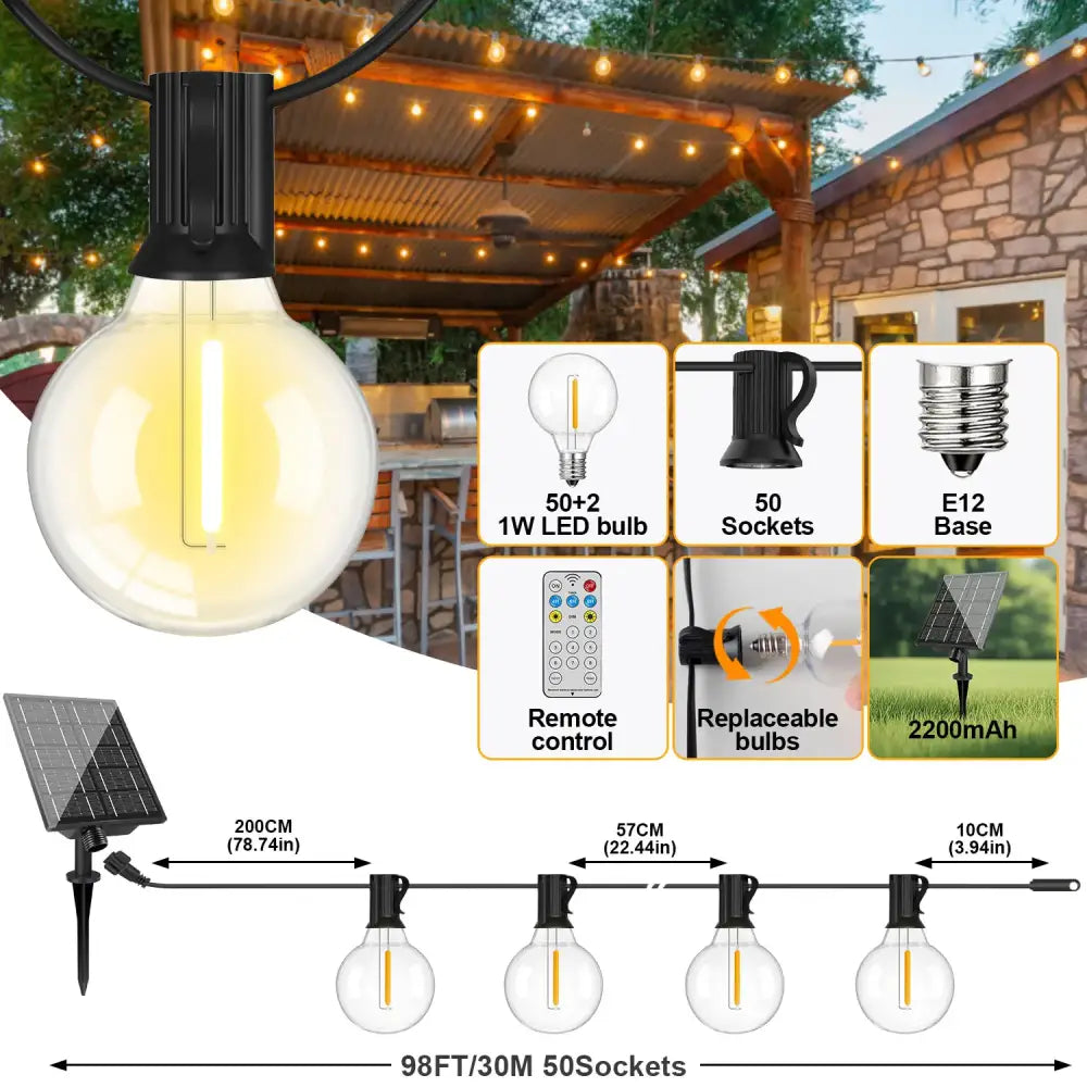 Shatterproof Solar String Lights G40 Outdoor Solar Light Garden Waterproof USB Charging Lighting With Remote Decoration