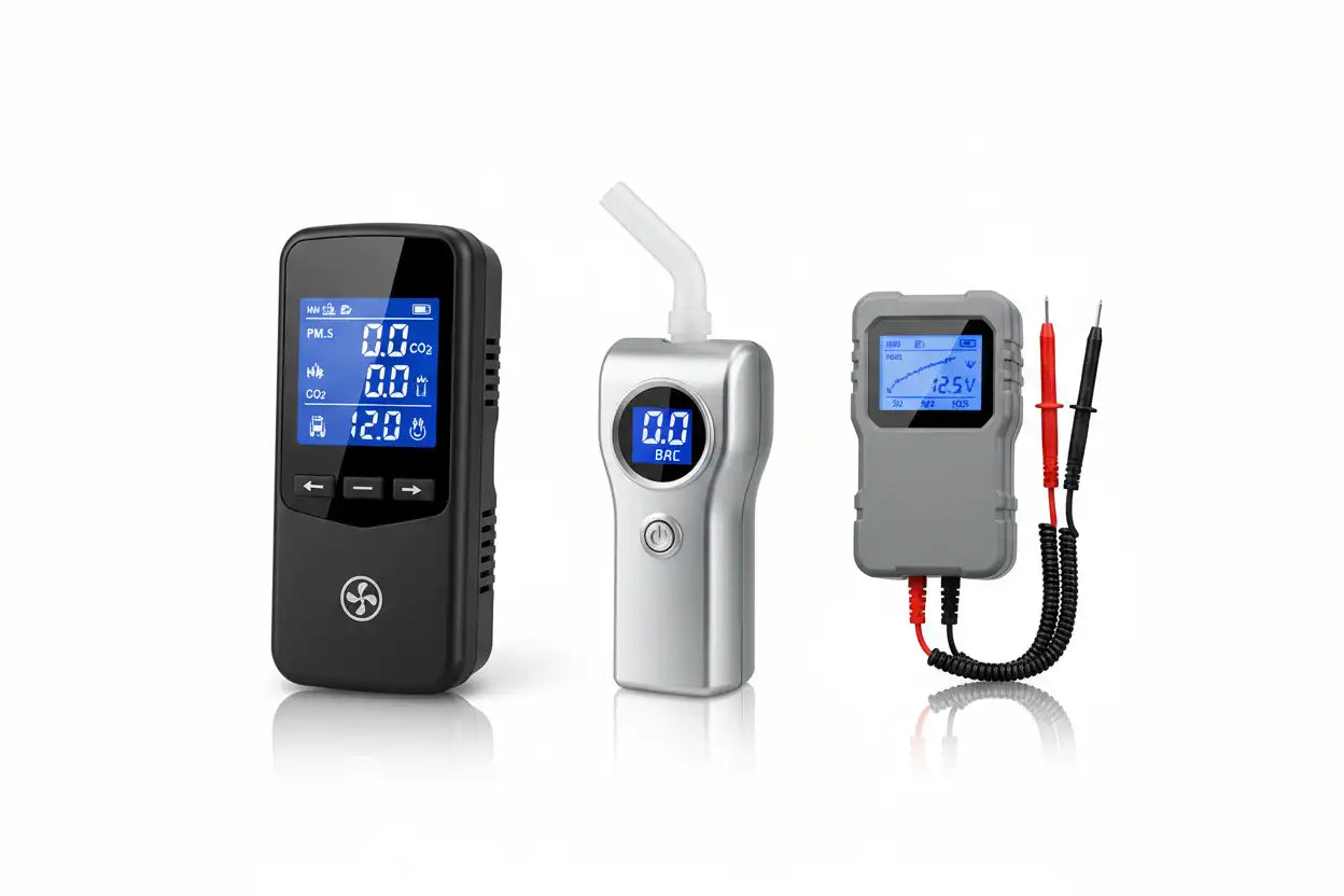 Silver handheld breathalyzer with a curved white mouthpiece and digital display showing ’0.0 bac’.