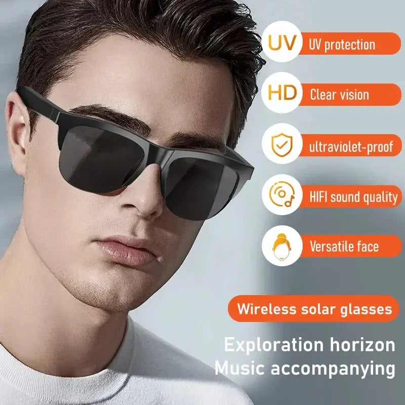 Smart Bluetooth V5.3 Sunglasses: High-Fidelity Outdoor Sports Headphones with UV Protection for Men and Women - Black