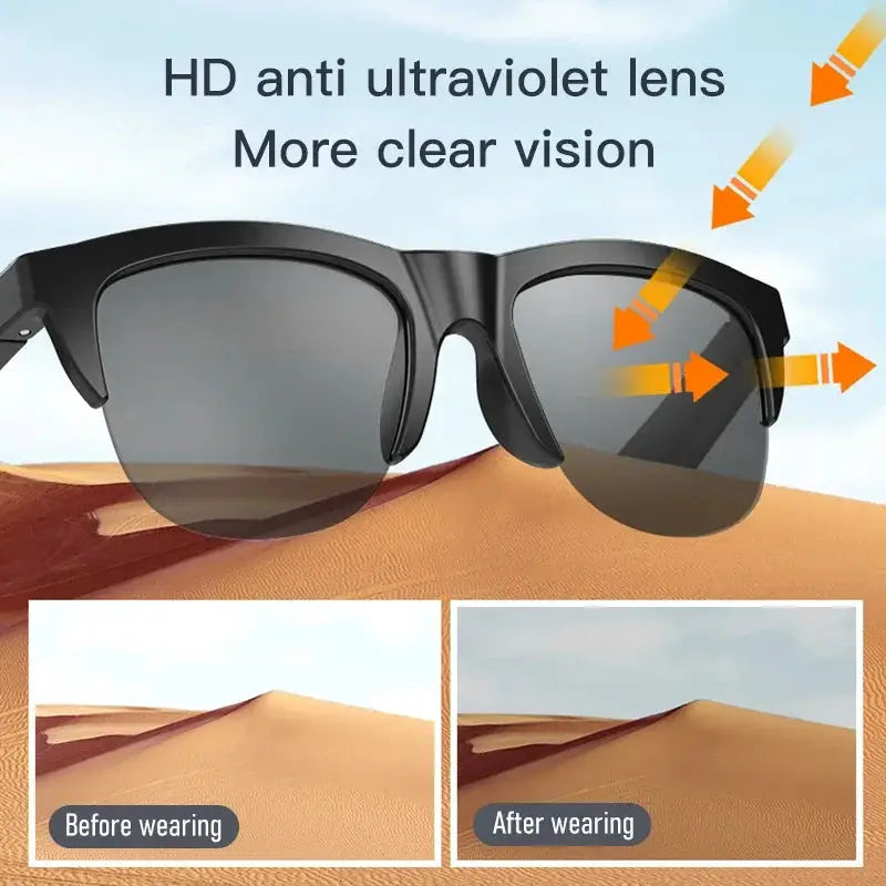 Smart Bluetooth V5.3 Sunglasses: High-Fidelity Outdoor Sports Headphones with UV Protection for Men and Women - Black