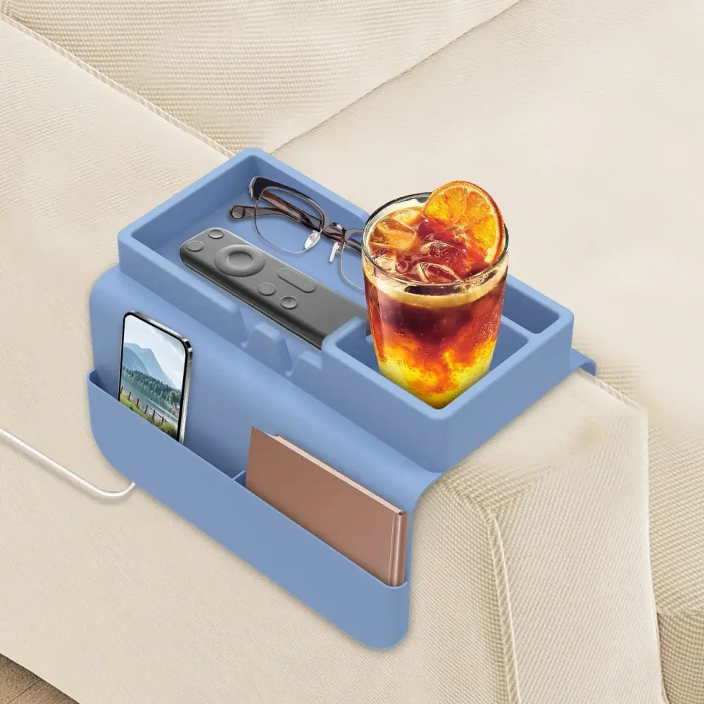 Sofa Cup Holder Silicone Sofa Armrest Tray with Side Pocket Dual Slot Beverage Snack Storage Phone Remote Control