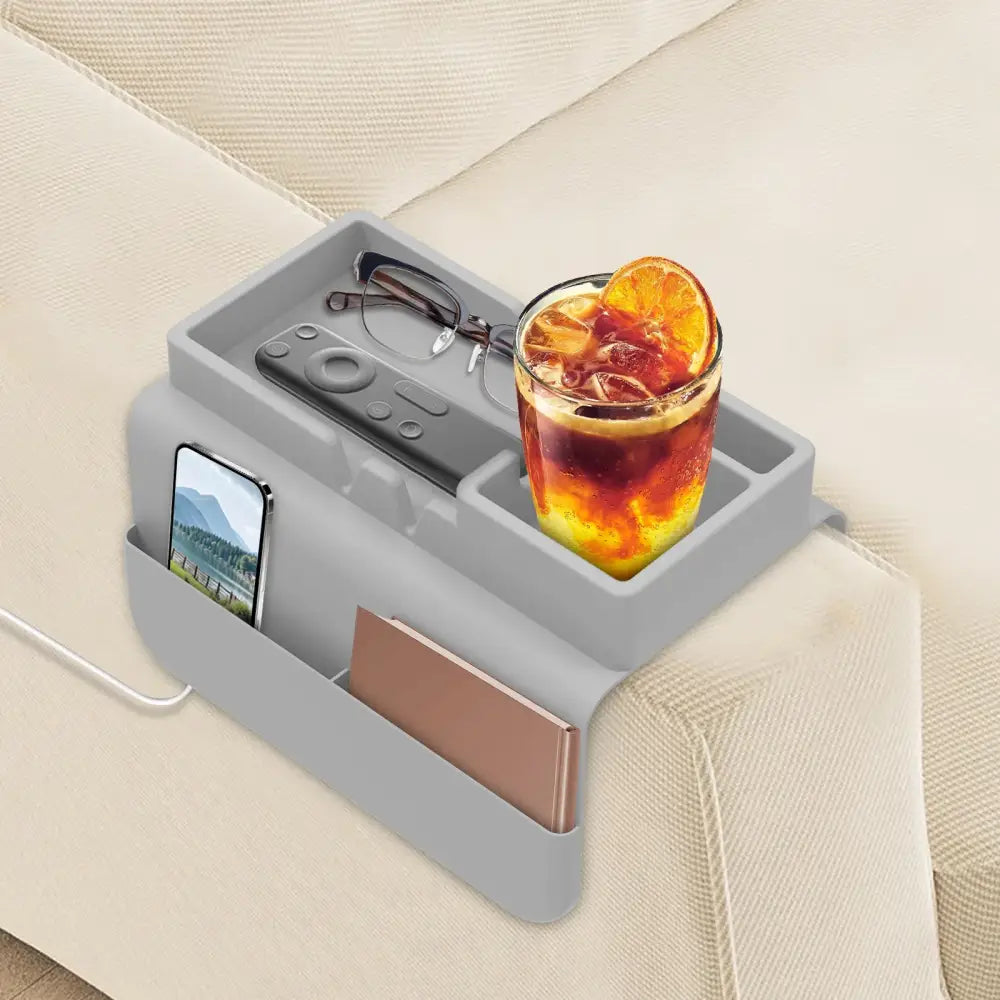 Sofa Cup Holder Silicone Sofa Armrest Tray with Side Pocket Dual Slot Beverage Snack Storage Phone Remote Control