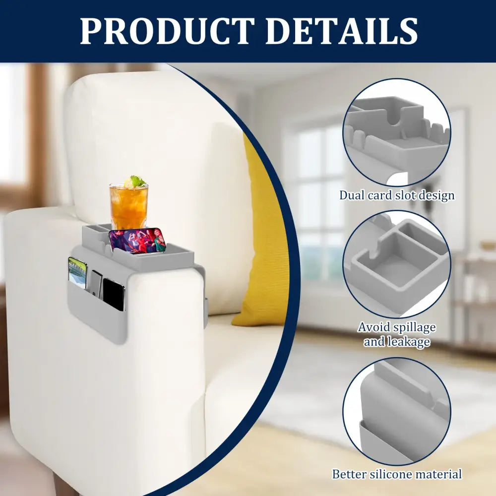 Sofa Cup Holder Silicone Sofa Armrest Tray with Side Pocket Dual Slot Beverage Snack Storage Phone Remote Control