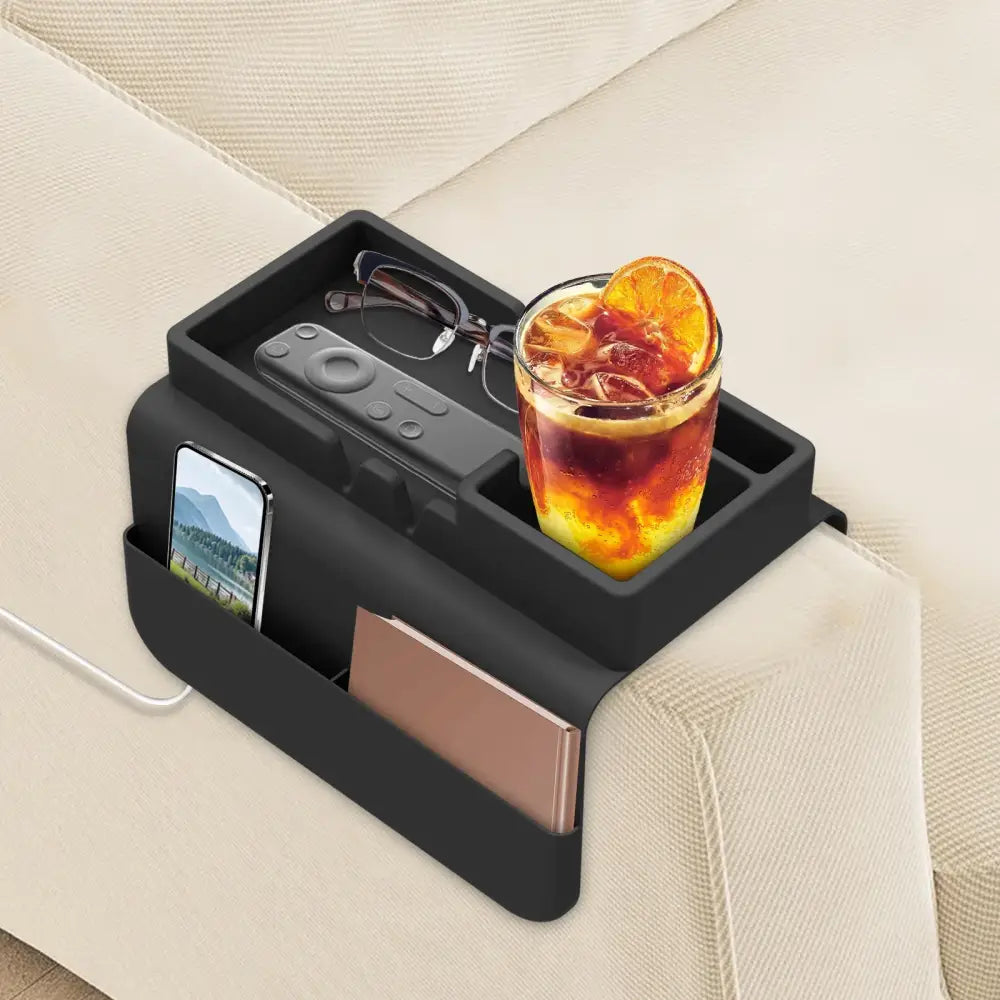 Sofa Cup Holder Silicone Sofa Armrest Tray with Side Pocket Dual Slot Beverage Snack Storage Phone Remote Control