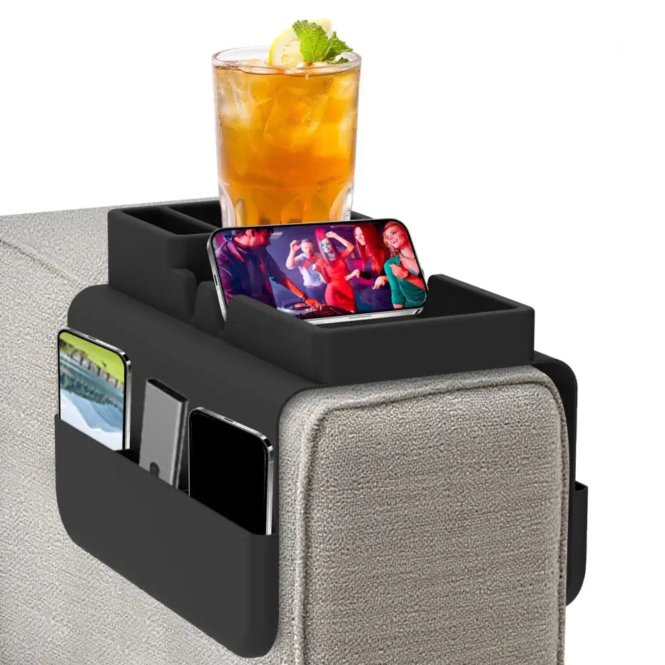 Sofa Cup Holder Silicone Sofa Armrest Tray with Side Pocket Dual Slot Beverage Snack Storage Phone Remote Control