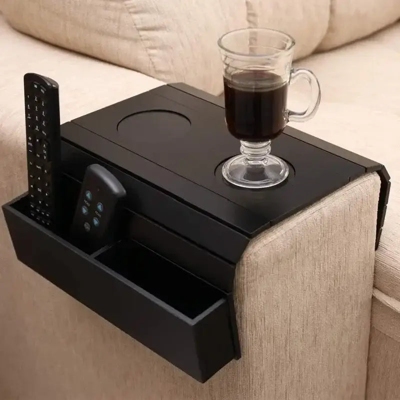 Sofa Tray Table - Remote Control and Cellphone Organizer Holder Arm Rest with Pockets. Fits Over Square Chair Arms
