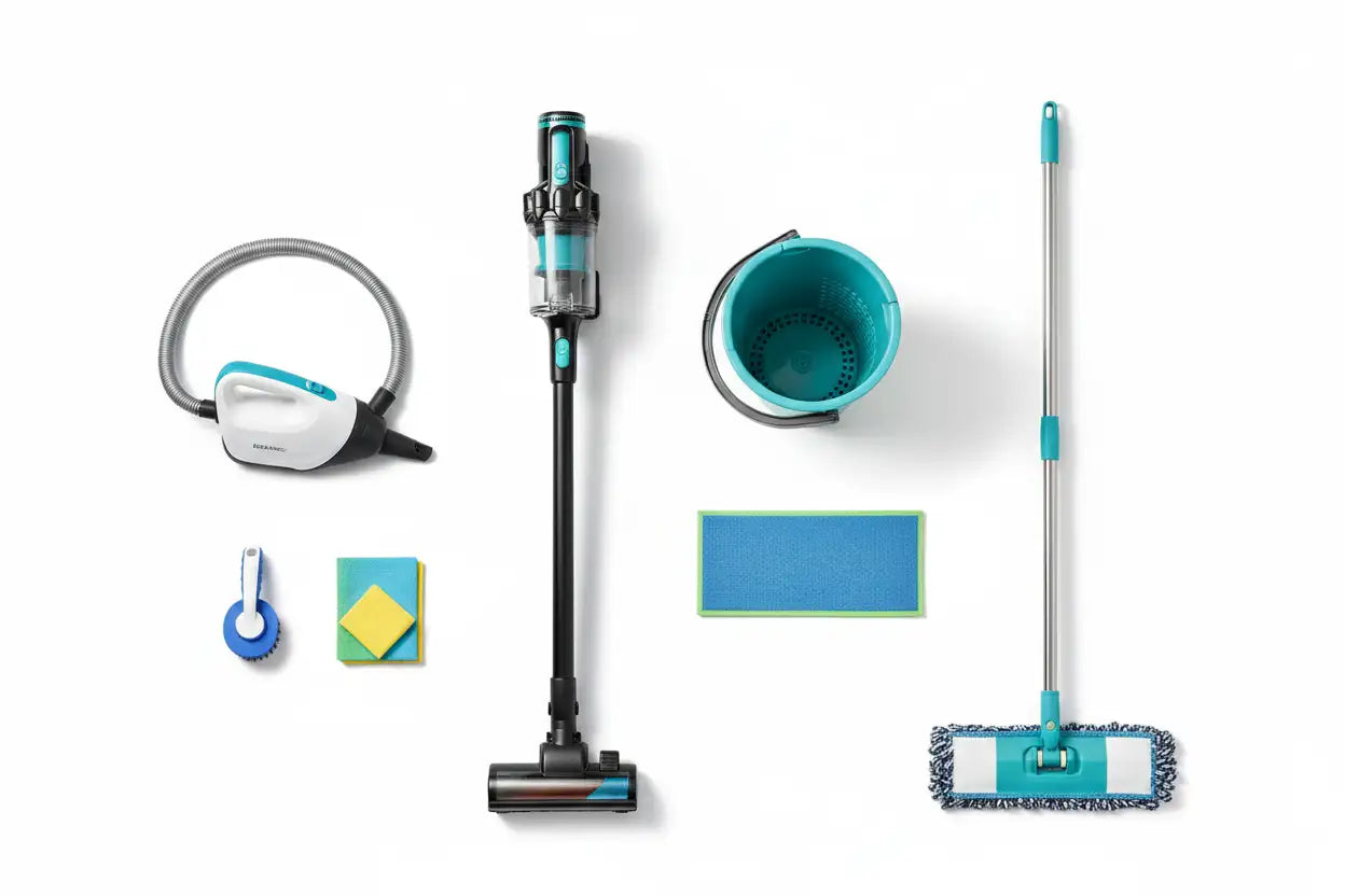 Teal and black cordless vacuum cleaner with a transparent dust container