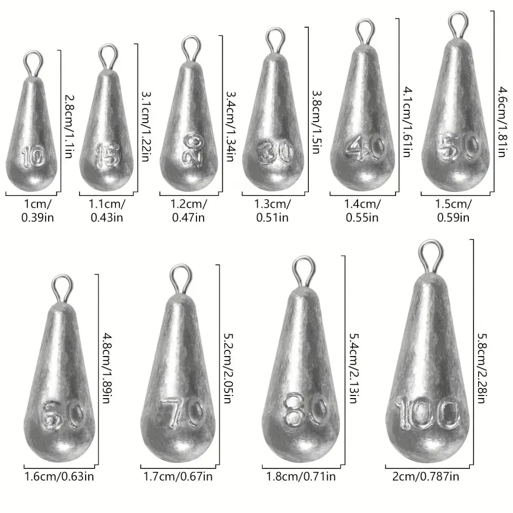 Teardrop Fishing Sinkers – Lead Weights for Bass (10 Sizes) - SS