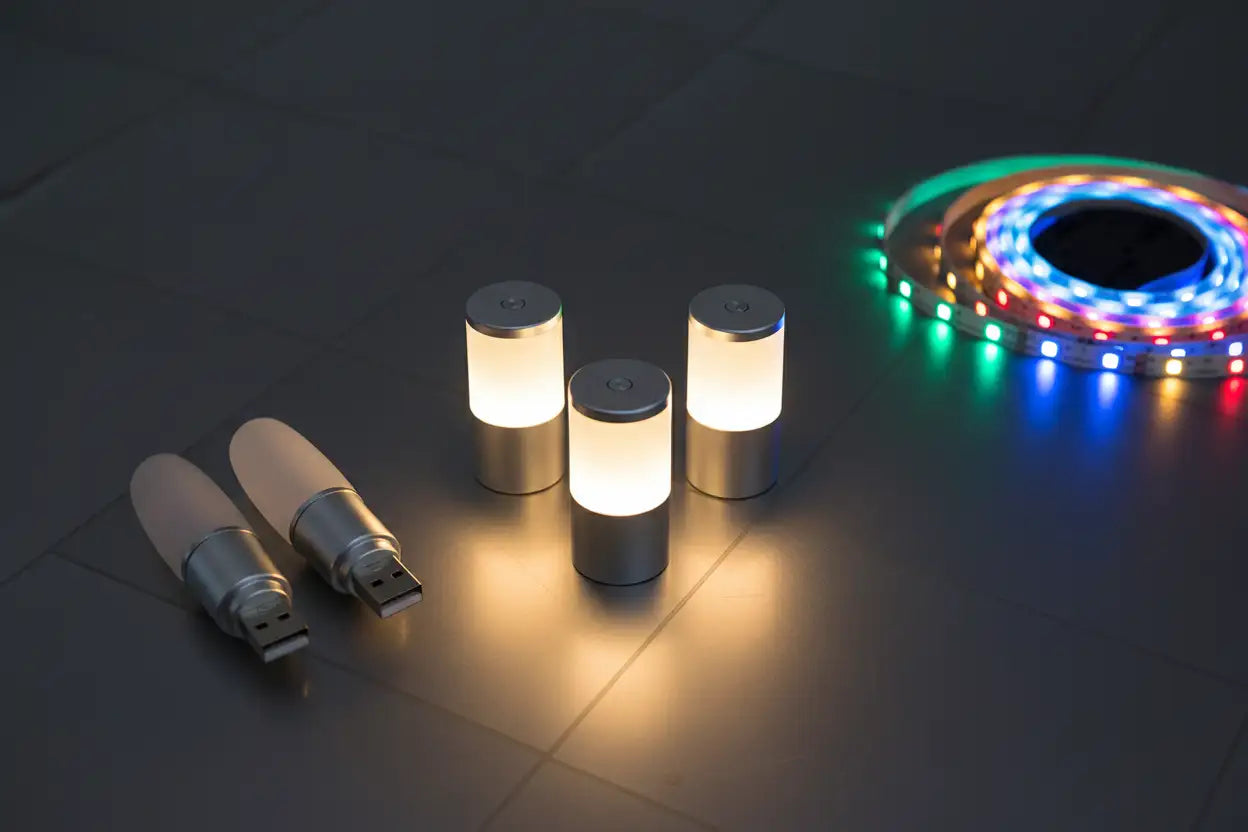 Three cylindrical usb-powered led lamps with a sleek metallic finish and warm white illumination.