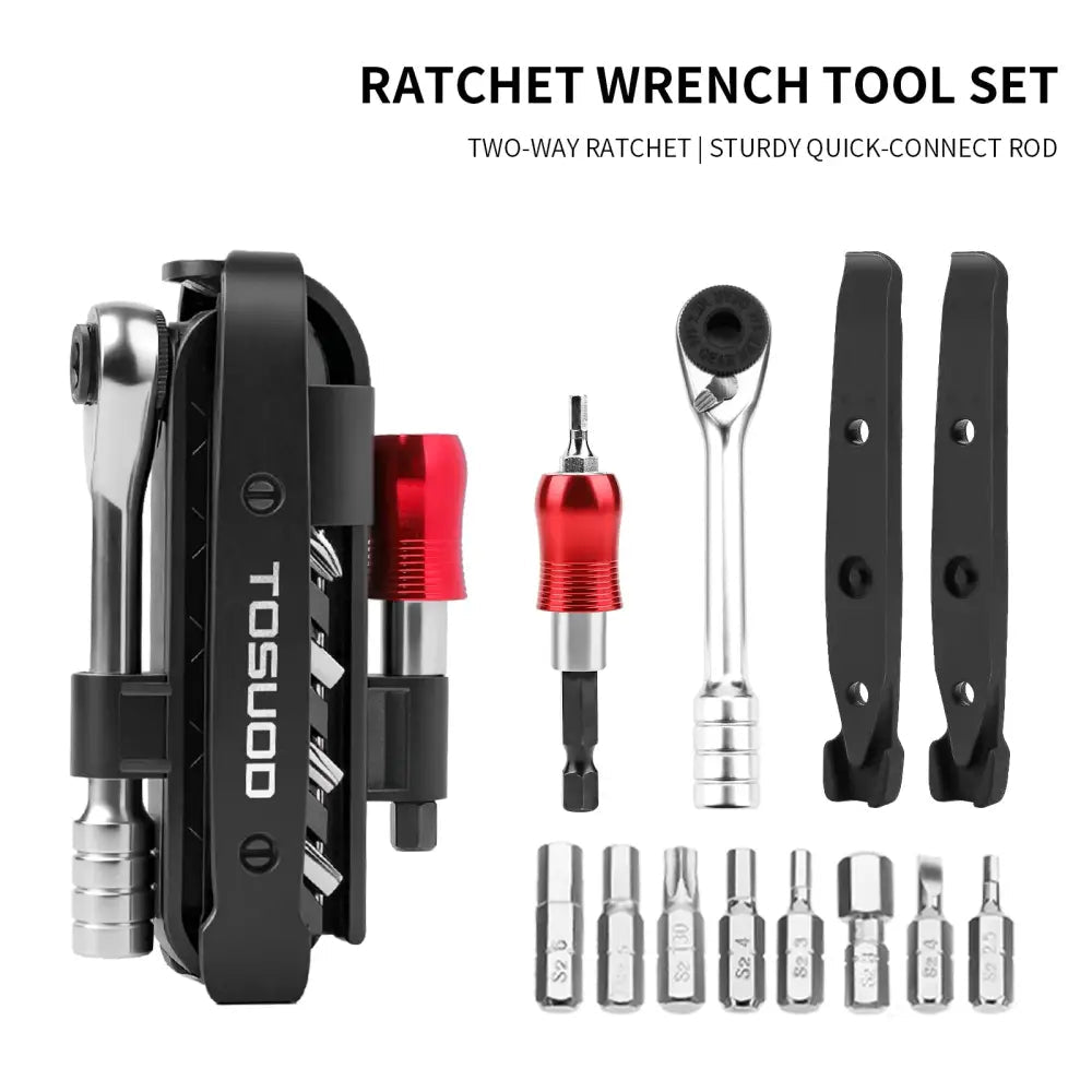 TOSUOD 1/4’’ Two-Way Ratchet Wrench Set Mini Ratchet & Quick Connect Rods Foldable Bicycle Repair Kit S2 Bits & Tire