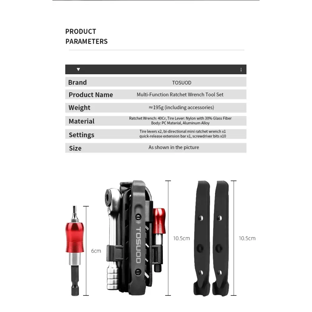 TOSUOD 1/4’’ Two-Way Ratchet Wrench Set Mini Ratchet & Quick Connect Rods Foldable Bicycle Repair Kit S2 Bits & Tire