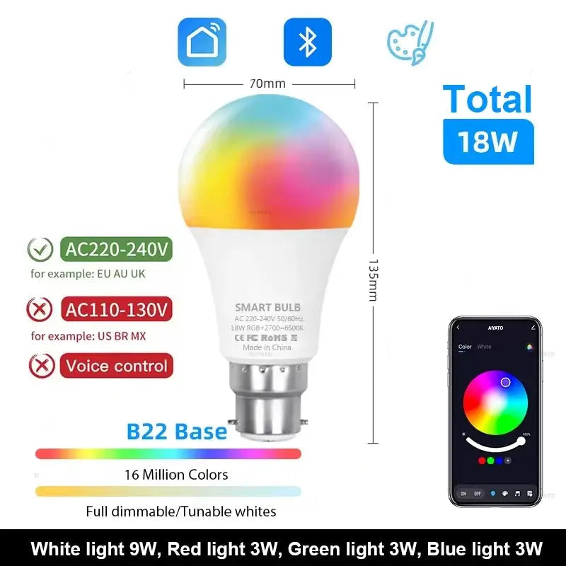 Tuya Bluetooth LED Bulb Dimmable 15W 18W E27 B22 220V RGBCW Color Change Lamps Smart Life APP Group Control Music