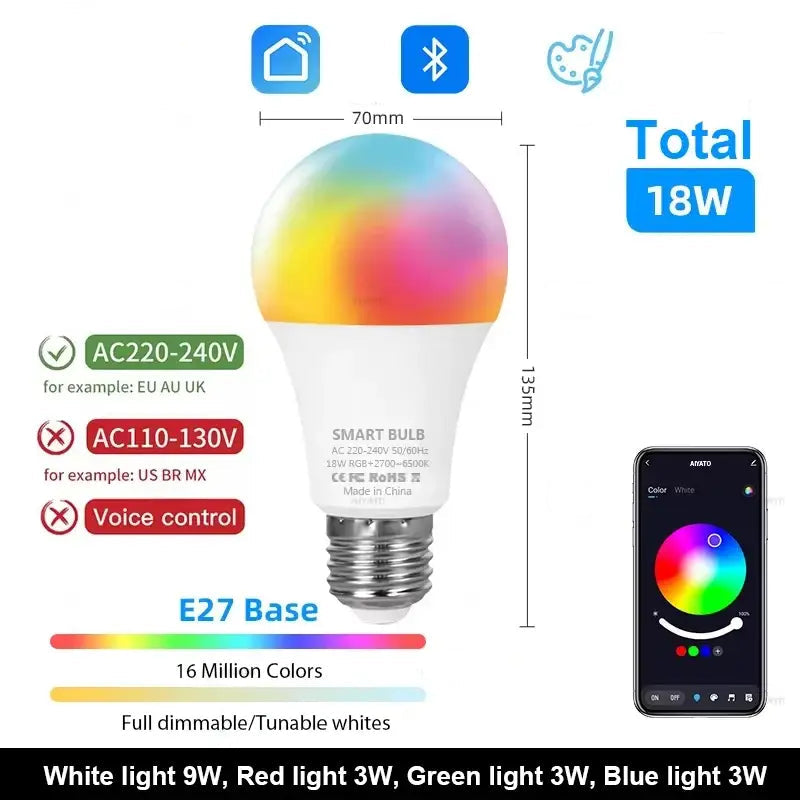 Tuya Bluetooth LED Bulb Dimmable 15W 18W E27 B22 220V RGBCW Color Change Lamps Smart Life APP Group Control Music