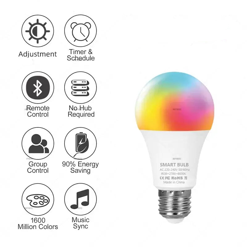 Tuya Bluetooth LED Bulb Dimmable 15W 18W E27 B22 220V RGBCW Color Change Lamps Smart Life APP Group Control Music