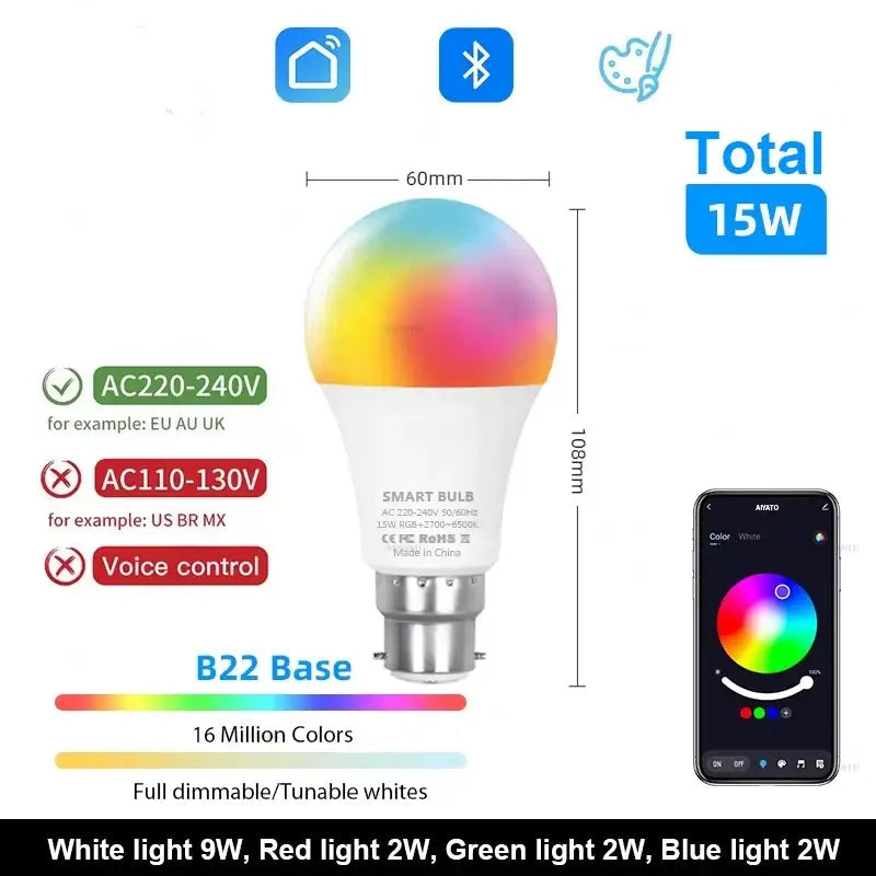 Tuya Bluetooth LED Bulb Dimmable 15W 18W E27 B22 220V RGBCW Color Change Lamps Smart Life APP Group Control Music