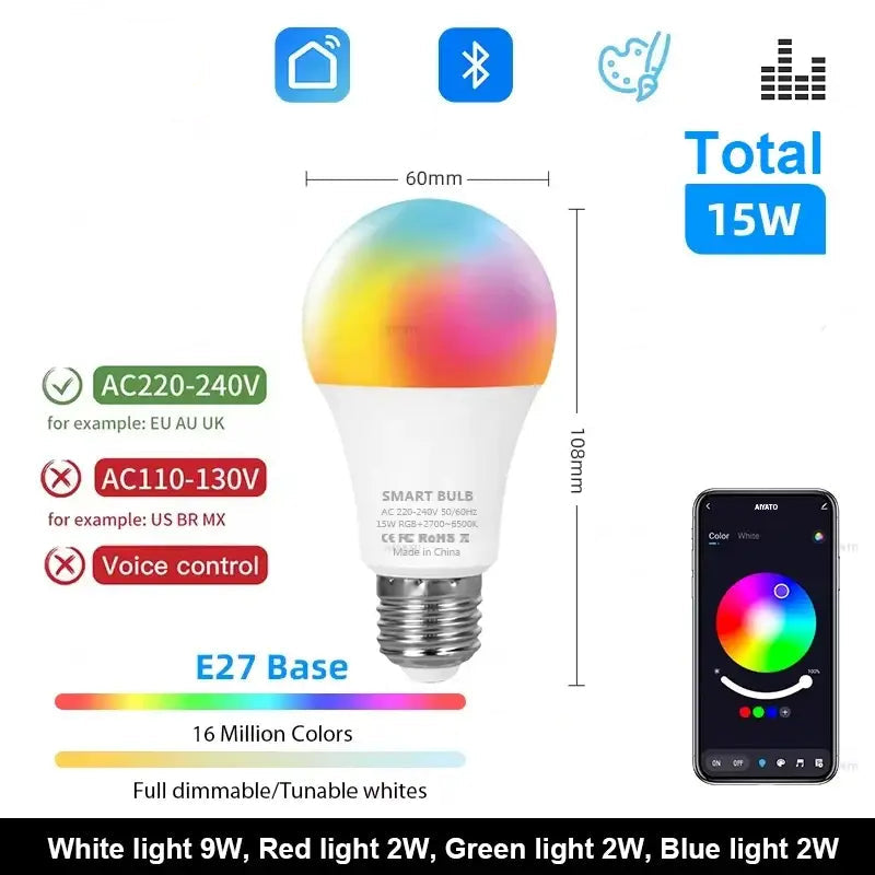 Tuya Bluetooth LED Bulb Dimmable 15W 18W E27 B22 220V RGBCW Color Change Lamps Smart Life APP Group Control Music