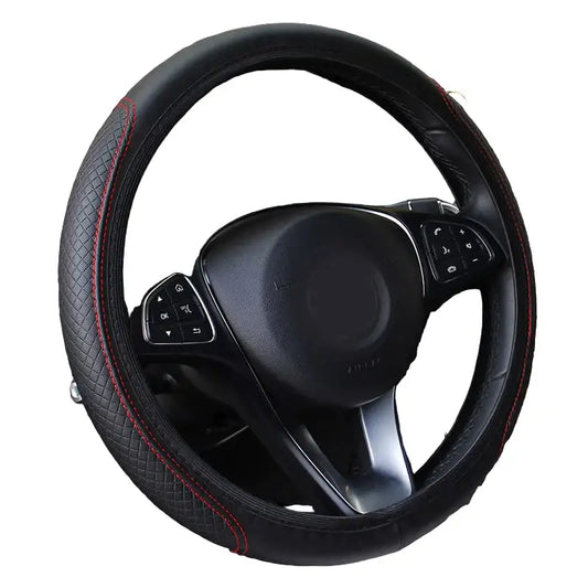 Universal 37/38cm Non-Slip Embossed Leather Car Steering Wheel Cover (3 colours available) - Black Red - HBC