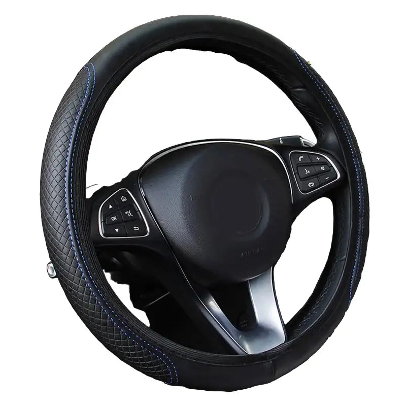 Universal 37/38cm Non-Slip Embossed Leather Car Steering Wheel Cover (3 colours available) - Black Blue - HBC