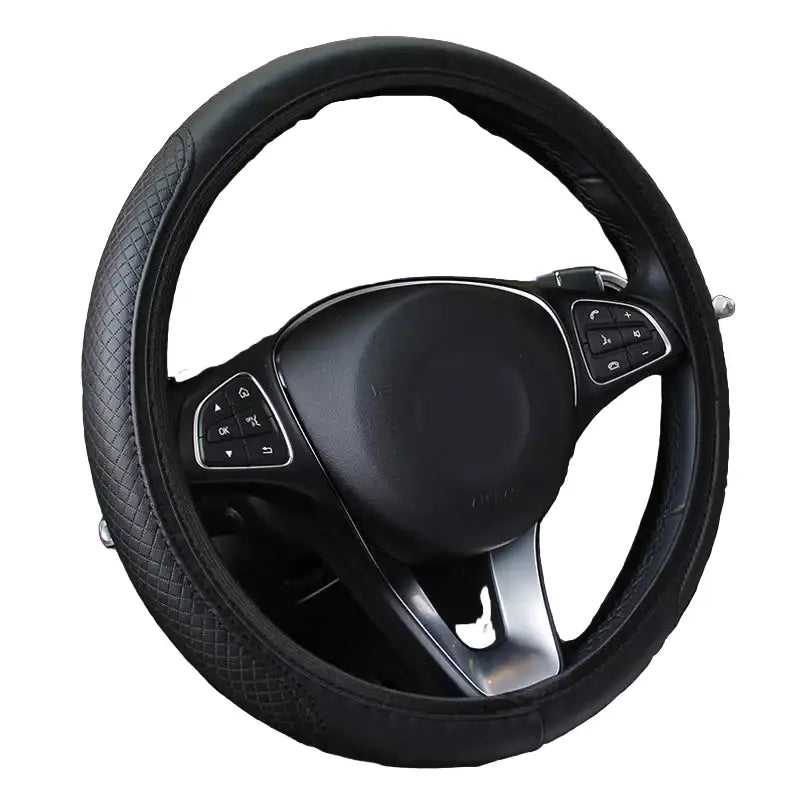 Universal 37/38cm Non-Slip Embossed Leather Car Steering Wheel Cover (3 colours available) - Black - HBC