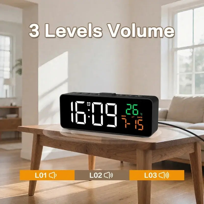 USB Digital Alarm Clock – TEMP & Date Display with 5-Level Brightness - Black - HBC
