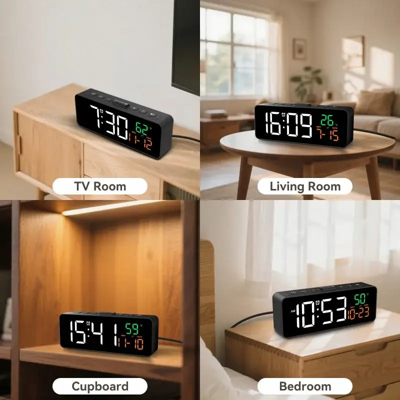 USB Digital Alarm Clock – TEMP & Date Display with 5-Level Brightness - Black - HBC