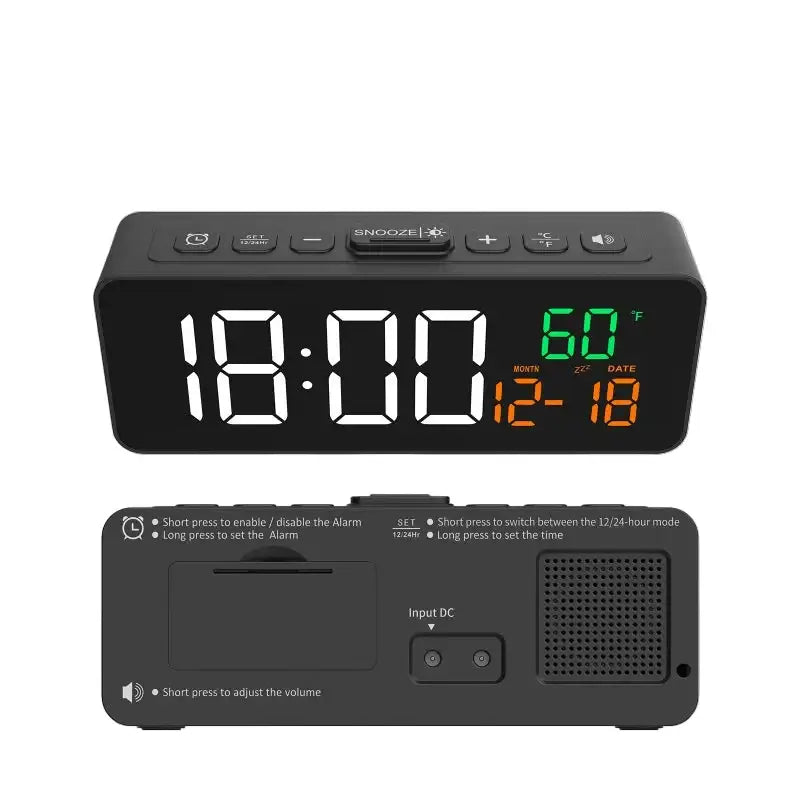 USB Digital Alarm Clock – TEMP & Date Display with 5-Level Brightness - Black - HBC