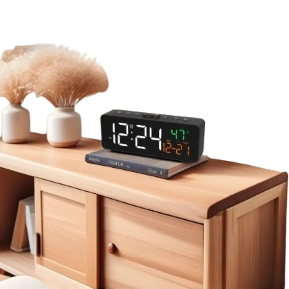 USB Digital Alarm Clock – TEMP & Date Display with 5-Level Brightness - Black - HBC